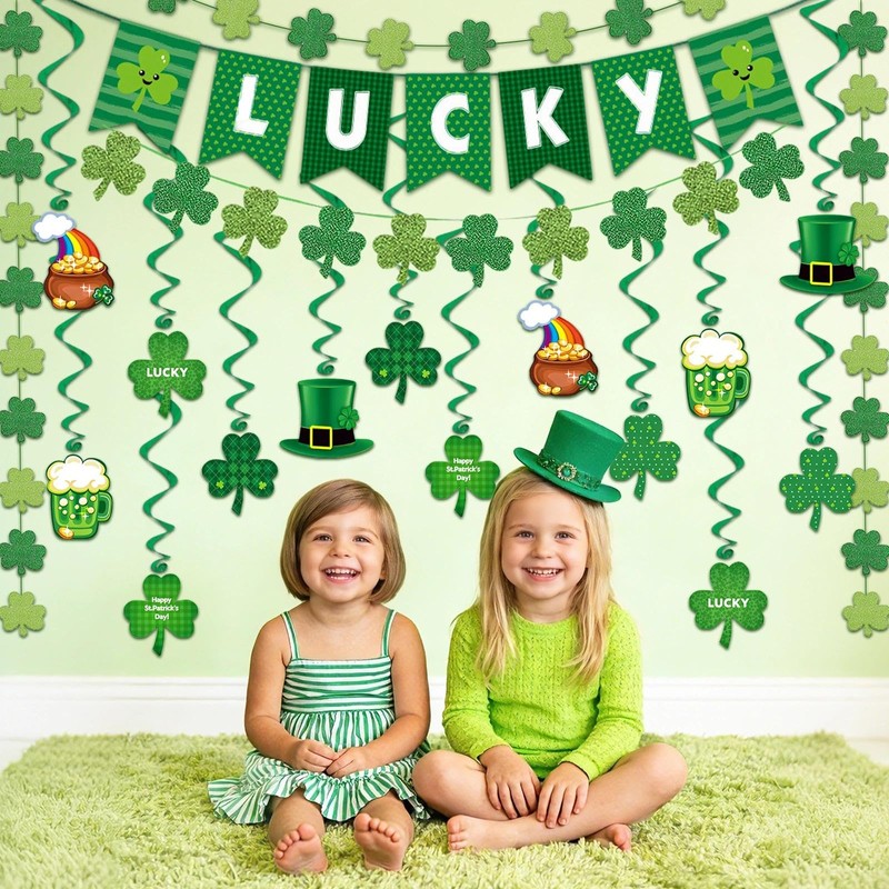 Zonlianxin St Patricks Day Decorations Pre-Assembled Shamrock Lucky Banner Garlands