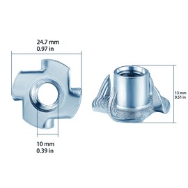 T-Nuts M10x13 (50 pcs), zinc Plated Steel, for Wood, Climbing Holds and cabinets