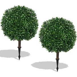 24 Inch Artificial Boxwood Topiary Ball with Stakes - Set of 2 UV-Resistant & No Maintenance Faux Shrubs for Outdoor Decor, Fake Plants That Look Real​​