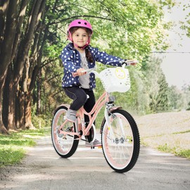 GYMAX Girls Bike for Toddler & Kids Aged 6-9, 18 Inch Kids Bicycle w/Training Wheels, Basket, Bell & Kickstand, Kids Bike w/Dual Handbrake, Adjustable Handlebar & Saddle