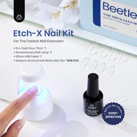 Beetles Gel Nail Kit Etch-X, Almond Medium, 500pcs 12 Sizes, with 9 in 1 Glue Mini Nail Lamp, Pre-Etched Half Matte Easy Extension Set for Home DIY Salon Manicure Art