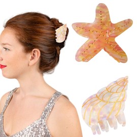 2 PCS Starfish Hair claw Clips Conch Hair Clips Cellulose Acetate Hair Clips Small Claw Clips Animal Shape Hair Jaw Clips Sea Life Hair Clip Beach Accessories Stylish Women Girl Glitter Hair Clips