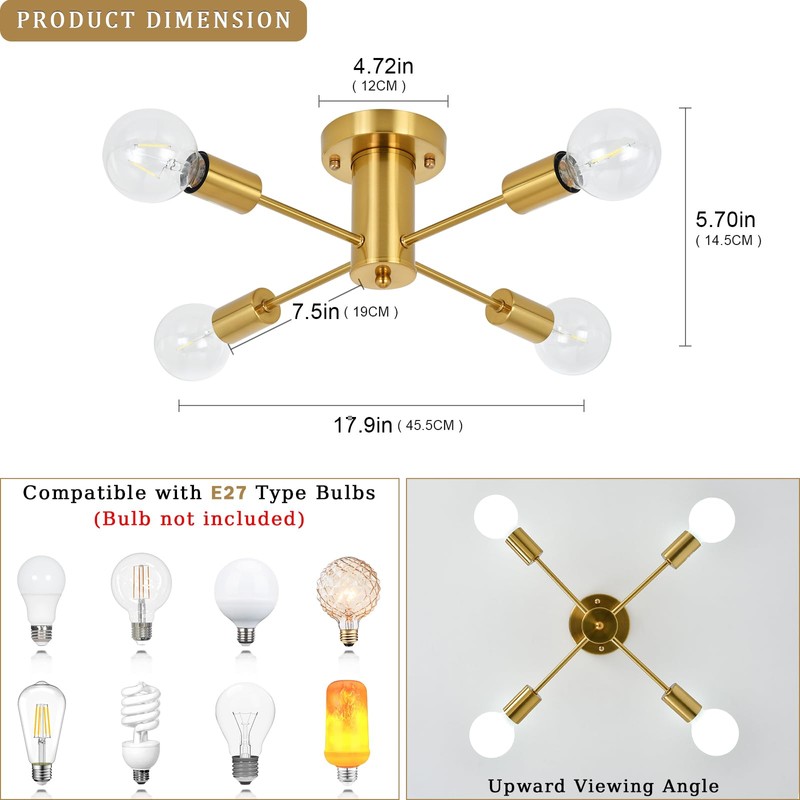 ASHUAQI Gold Ceiling Light, 4 Lights Sputnik Ceiling Light, Modern