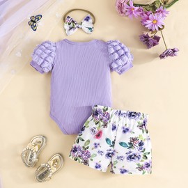 Newborn Infant Baby Girl Summer Clothes Ribbed Short Sleeve Romper Floral Shorts Headband 3Pcs Outfits Set 0-18 Months(Purple,3-6M)