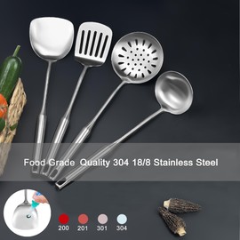 18/8 Stainless Steel Kitchen Utensils Set, 4 PCS 15in Metal Cooking Utensil Gadgets Tools Set with Spatula, Deep Ladle, Skimmer, Slotted Spatula Turner, Dishwasher Safe (4Pack)