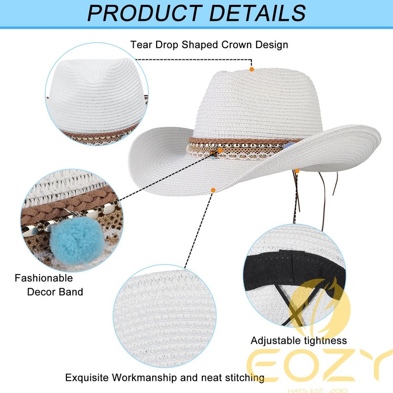 EOZY Women's Straw Hat Wide Brim Cowboy Hat Summer Sun