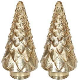RULU Christmas Tree Tabletop Set of 2 Faceted 6" W x 12" H Mercury Glass Gold