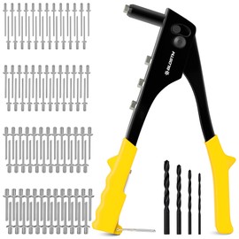 BLOSTM Pop Rivet Gun Set - 100 PCS Pop Rivets in 4 Sizes (2.4mm 3.2mm 4mm 4.8mm) Pop Riveter Gun, 4 Rivet Nosepieces, 4 Drill Bits - Hand Riveter for Metal, Plastic, Auto Repairs, Furniture (Yellow)