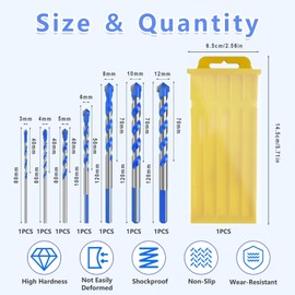 VINEST 7 Pieces Alloy Drill Bit Sets, 3/4/5/6/8/10/12mm Spiral Metal Drill Bits, Triangular Drill Bit Set, Multifunctional Masonry Drill Bits Set with Storage Box, for Concrete Stainless Steel