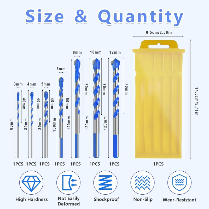 VINEST 7 Pieces Alloy Drill Bit Sets, 3/4/5/6/8/10/12mm Spiral Metal
