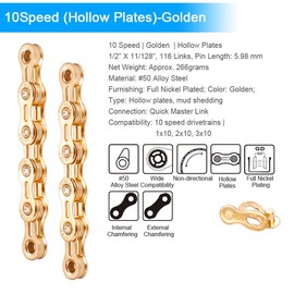CATAZER Bicycle Chain 10 Speed Chian 116 Links with Spare Master Links Hollow Out Lightweight Bike Chain for Mountain Bike Folding Bike E Bike (10 Speed,Golden)