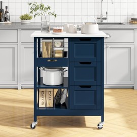 DWVO Rolling Kitchen Island Cart with 3 Drawers, 27 inch Soild Wooden Countertop Kitchen Storage Cabinets, Drawers Cart for Home Dining Area, Navy Blue