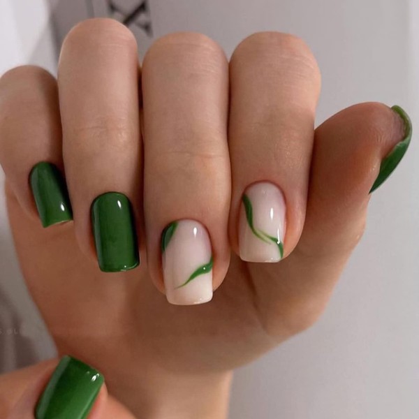 OUBFUUY Green Square Nails Medium False Nails with Line Pattern Female Green Nails 24 / Set