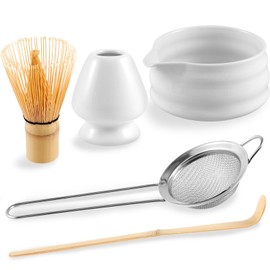 5Pcs Matcha Whisk Set Matcha Bowl with Spout Bamboo Matcha Whisk with Ceramic Holder Bamboo Scoop and Stainless Sifter Traditional Tea Ceremony Matcha Set for Matcha Tea (White)