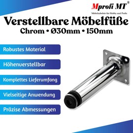 Mprofi MT Set of 4 Furniture Feet Height: 150 mm Adjustable Furniture Feet for Furniture, Table Feet, Furniture Feet, Cabinet Feet, Base Feet, Polished Chrome, Adjustment Screw, Diameter 30 mm, D150/4