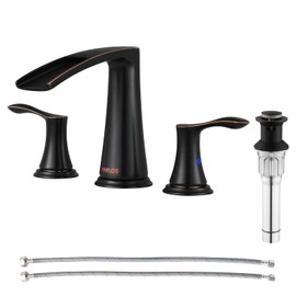 PARLOS Waterfall Widespread Bathroom Faucet Double Handles with Metal Pop Up Drain & cUPC Faucet Supply Lines, Oil Rubbed Bronze, Demeter 1431803