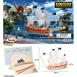Puzzled 3D Puzzle Pirate Ship Wood Craft Construction Model Kit, Fun Unique & Educational DIY Wooden Toy Assemble Model Unfinished Crafting Hobby Puzzle to Build & Paint for Decoration 139 Pieces Pack