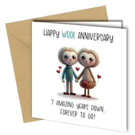 Funny 7th Anniversary Card, Unique Design, 'Happy Wool Anniversary' 7 years down, forever to go #1732