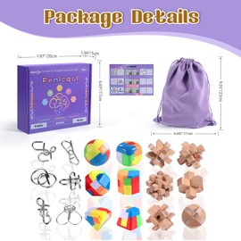 Femicgal Brain Teaser Puzzles for Adults and Kids, 18Pcs Puzzle Games Set, 3D Wooden Plastic Metal Puzzle, Unlock Interlock Mind Brain Games, IQ Test Educational Toy