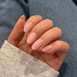 KQueenest Coral False Nails Short Oval Glossy Solid Color Full Cover Press on Nails Short Almond, Soft Gel Acrylic Nails Press ons for Women Office Daily Finger Decoration 24 Pcs