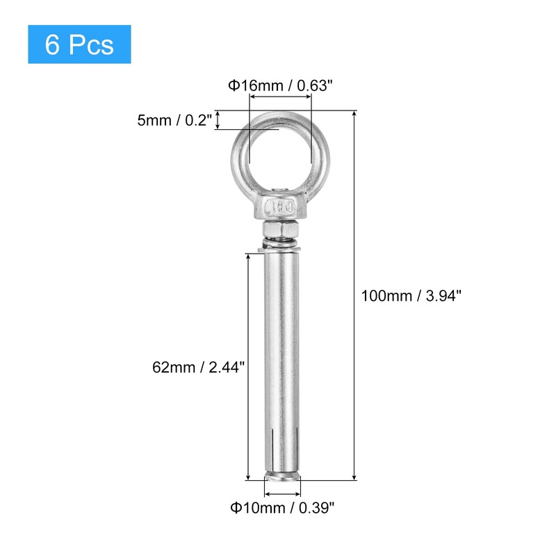 sourcing map Ring Lifting Expansion Eyebolt, 6pcs M6x80mm 304 Stainless