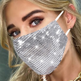 MLGDA Sparkly Sequins Face Cover Glitter Cotton Sequin Masc Masquerade Face Covering (Silver)