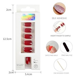 ONPRESS 24 Uñas Postizas Rojas Cortas Cuadradas Autoadhesivas, Sin Pegamento, Cobertura Total, Para Mujer. Incluye 24 Uñas, 1 Palito De Manicura Y 1 M