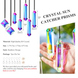 HDCRYSTALGIFTS Set 7 Crystal Sun Catcher Prisms, AB Colored Suncatcher Crystals Window Indoor Hanging Christmas Ornaments Rainbow Maker Prisms for Home Garden Decor