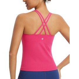 BALEAF Women's Workout Tank Tops with Wireless Padded Yoga Crop Longline Sports Bras Double Spaghetti Strap Rose Red L