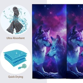 Turamurra Galaxy Wolf Hand Towels - 2 Pack, 14.5" X 28", Soft Microfiber Polyester Bath Towel Set with Wolves, for Bathroom Kitchen Spa Hotel Decor Gifts for Women