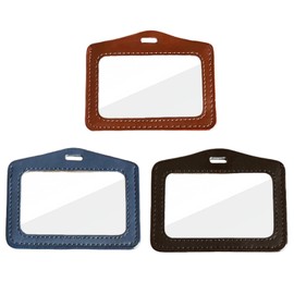 3 Pcs Leather ID Badge Holder with Dual-Side Clear Window ID Card Holder Waterproof Name Badge Holde for Women and Men, Horizontal Badge Holder Suit for Offices, Staff, Students, Employees