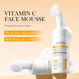 Vitamin C Foaming Face Cleanser with Brush, Foaming Cleanser for skin tone, Reduces fine lines & wrinkles, Exfoliates the skin