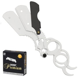 Universal Replaceable Half Blade Straight Razor with 100 Blades, Professional Double Ring Barber Single Edge Shave Razor (White)