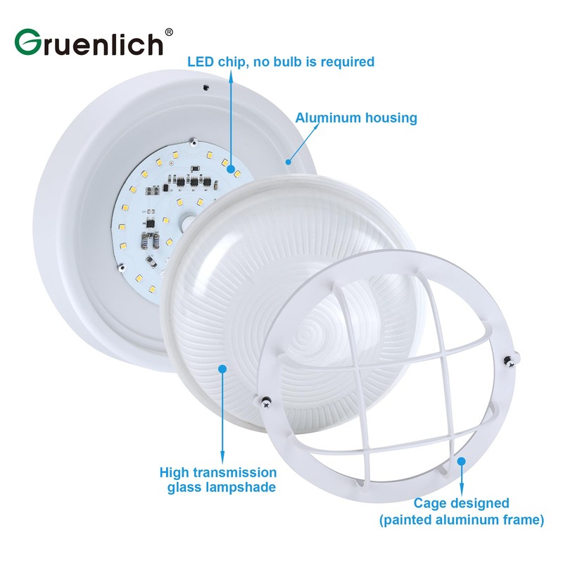GRUENLICH 8'' Round LED Bulkhead Light, Outdoor Wall Lights Dimmable,