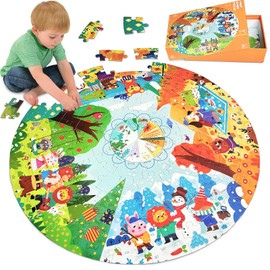 Kulveanju Floor Jigsaw Puzzles for Kids 3 4 5 6 7 8 Year Olds, 88 PCS Large Four Seasons Forest Animal Puzzle Round, 53x53cm Kids Jigsaw, Educational Toys for Toddlers Boys & Girls