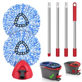 JEHONN Spin Mop Replacement Heads, Base, Handle for O-Cedar EasyWring 1 Tank System, Includes 2 Microfiber Refills, 1 Triangle Cover and 58 inches Long Pole for Cleaning Bathroom Kitchen Tile Floor