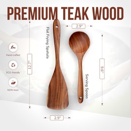 Premium Wooden Spoons for Cooking, 2 Pcs Wooden Cooking Utensils Set - Teak Wood Spatula & Serving Spoon - Wooden Utensil Set for Nonstick Pans & Cookware - Sturdy, Lightweight & Heat Resistant