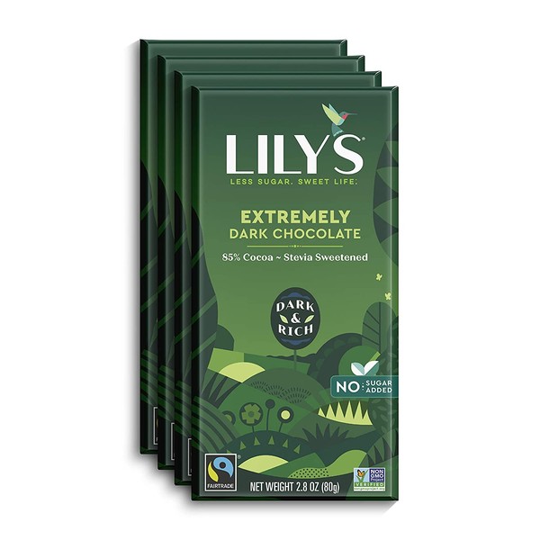 Extremely Dark chocolate Bar by Lily's | Stevia Sweetened, No Added Sugar, Low-Carb, Keto Friendly | 85% Cocoa | Fair Trade, Gluten-Free & Non-GMO | 3 ounce, 4-Pack