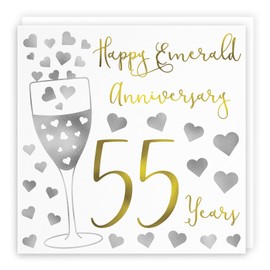 Hunts England - 55th Wedding Anniversary Card - Happy Emerald Anniversary - 55 Years - Silver Hearts Collection - For Couples, Friends, Him, Her