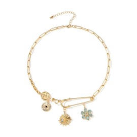 QKEOISUD Gold Evil Eye Sun Moon Flower Coin Pendant Necklace,Charm Necklace for Women,Retro Trendy Accessories,Copper Material Necklace(Gold)