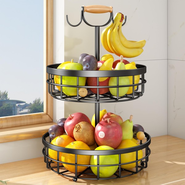 2-Tier Fruit Basket Bowl Vegetable Storage with Dual Banana Tree