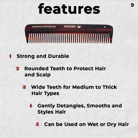 Speert #9 Handmade Wide Tooth Comb Tortoise Havana Acetate Thick Coarse Curly Detangling Parting Grooming Teasing Hair Styling Hairdresser Barber Hairdressing Wet Dry Pocket Travel Women Men Kids