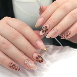 24Pcs Brown Press on Nails Medium Almond Fake Nails with Flower Gold Beads Line Star Designs Cute Floral Acrylic Nails Floral False Nails Gold French Artificial Nail Tips Stick on Nails for Women