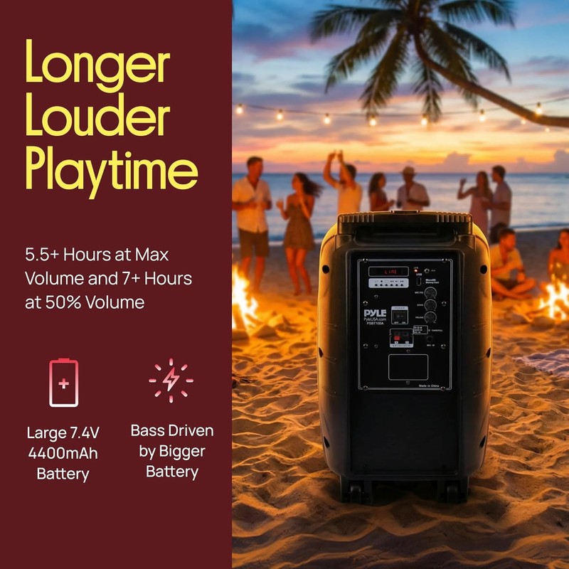 Pyle PSBT105A - 1000W Portable Bluetooth PA Speaker, 10'' Subwoofer,