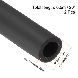 sourcing map 2pcs Pipe Insulation Foam Tube Lagging Insulation Pipe 16mm(5/8") ID 24mm OD 20" Heat Preservation for Handle Grip Support,Black