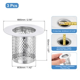 uxcell 3 Pack Shower Drain Strainer, 2" x 2.5" Stainless Steel Floor Drain Strainer Deep Sink Hair Catcher for Kitchen Bathroom Balcony Floor Drain, Fit Hole Size from 1.57" to 2.56"