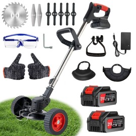 Electric Weed Wacker with Wheel, 21V Cordless Weed Eater with 2Pcs Batteries & 1 Charger, 3 in 1 Grass String Trimmer/Brush Cutter/Edger, Stringless Lightweight Weed Trimmer for Garden, Yard and Lawn