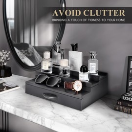 Modern Cologne Organizer for Men - 3 Tier Cologne Display with Storage Drawer - Perfume Organizer with Hidden Compartment - Great Gift for Dad and Boyfriend (Black)