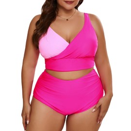 Eytino Womens Plus Size Bikini Sets V Neck Push Up Bikini Tops High Waisted Swim Bottom 2 Piece Bathing Suits,3X Bright Pink
