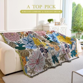 VANJOROY Boho Throw Blanket for Couch Cover, 100% Handwoven Cotton Southwestern Farmhouse Floral Decor Reversible Blanket, All Season Throw for Sofa Bed Tapestry Outdoor Camping Picnic. 71″×91″
